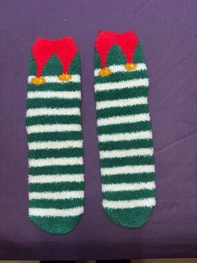 Cozy Holiday Stripe Fuzzy Socks - Green, White & Red
